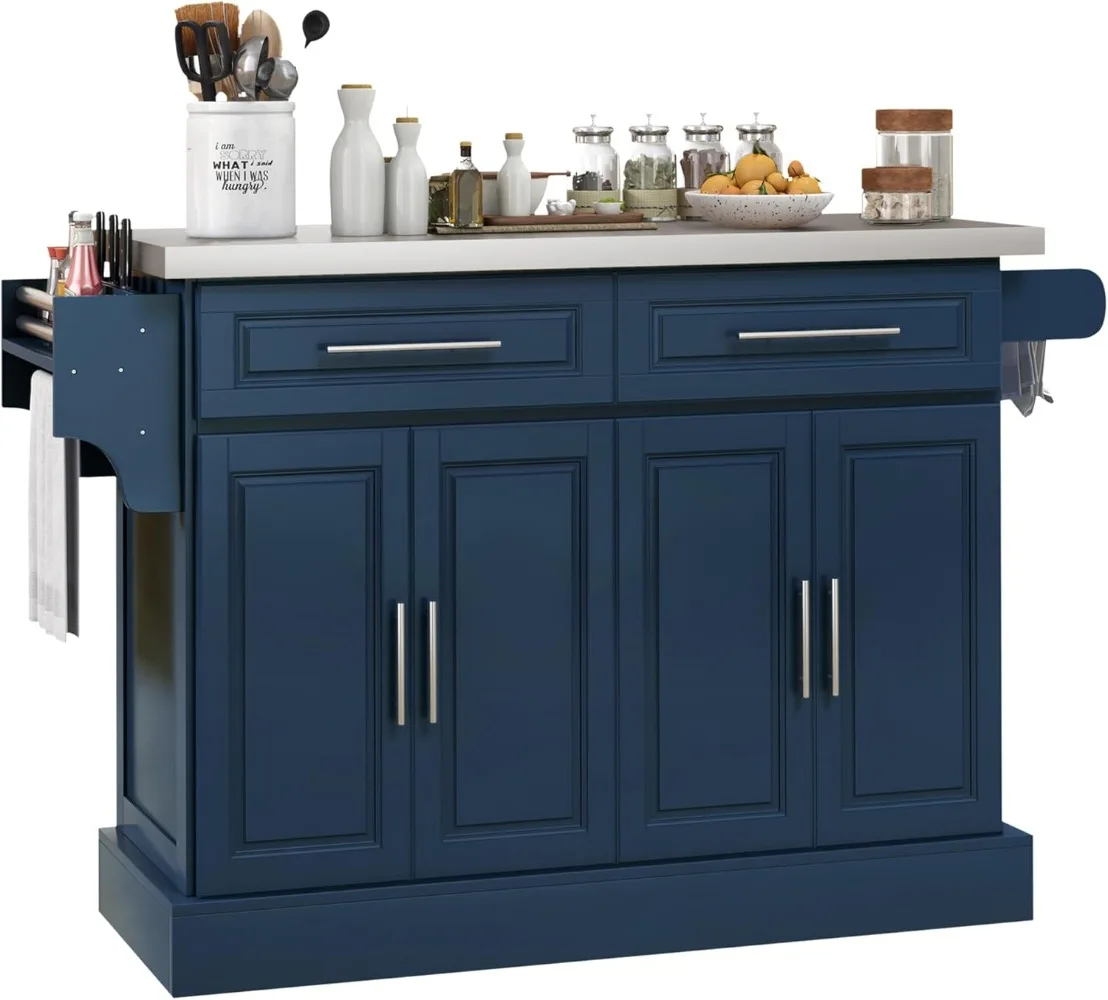 

Rolling Island with Wheels for Kitchen, Portable Kitchen Island with Stainless Steel Top, Adjustable Shelves, 2 Drawers