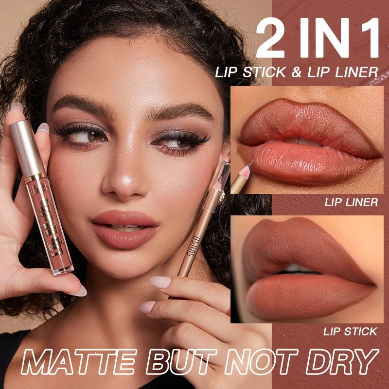 USHAS, set di matite per labbra e lucidalabbra 2 in 1, 12 colori disponibili, smalto per labbra impermeabile e antiaderente, matita per labbra opaca setosa, ragazza