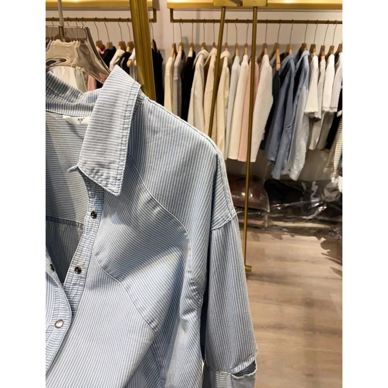 plus Size 300 Pounds Korean Style Commute Striped Long Sleeve Shirt Men Women Spring Autumn New High Design Coat Casual Style