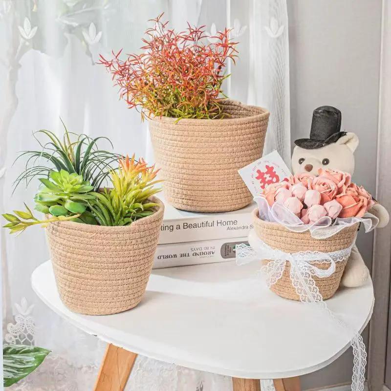

3 шт., плетеная корзина с хлопковой веревкой и цветами, корзина для хранения украшений гостиной, рамка для хранения крышки раковины с цветочной композицией
