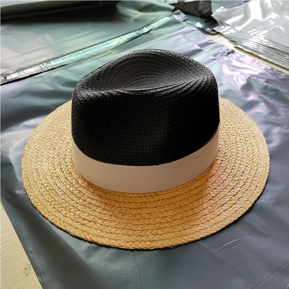 Lafite Grass Color blocked Grass Hat Breathable Sun Hat Fashionable Retro Jazz Hat Elastic Ribbon Accessories Summer Beach Hat