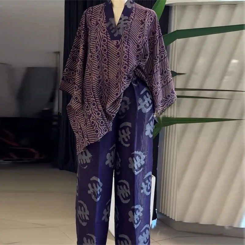 Printed Set with Abstract Pattern Batwing Sleeve Long Sleeve Shirt Style Full Length Sweet Fresh Long Pants Women Sets Summer