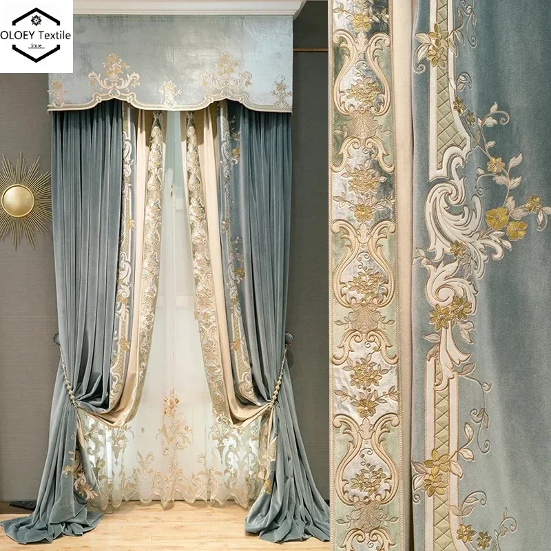 

European Style Blue Velvet Embroidered Lace Valance Thickened Blackout Curtains for Living Room Bedroom Luxury Home Decor Drapes