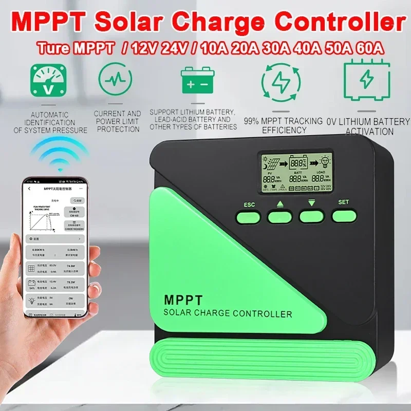 100% MPPT 20A 30A 40A 50A 60A Wifi Solar Charge Controller 12V 24V Auto Lead Acid Lithium Battery Charging Solar Panel Regulator