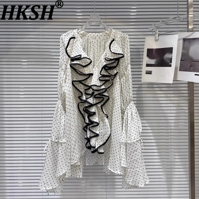 

HKSH Summer New Women French Elegant Stylish Ruffled Collar Polka Dot Long Sleeved Chiffon Shirt Tide Contrast Color Tops HK7794