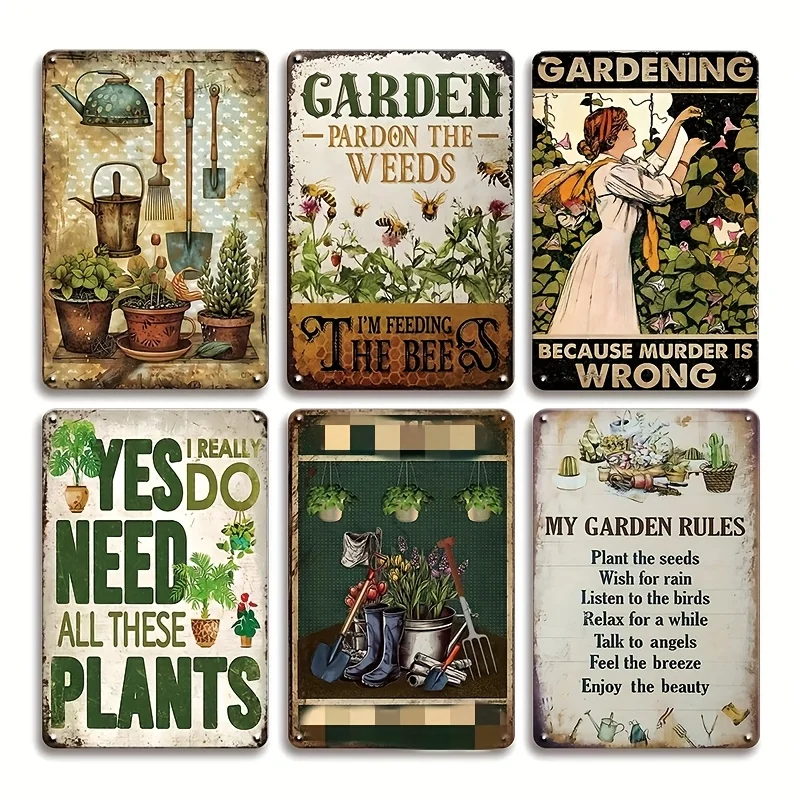 [JIT]Decorative Sign& Plaque 6pcs Vintage Gardening Humor Metal Sign Set, 'Gardening Because Murder Is Wrong', Classic Retro Wal