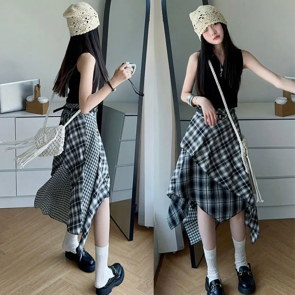 

Plaid Pleated Girls Clothes Set Short Sleeve Irregular Midi Skirt Set y2k Outfits Teens Children Shorts Suit 6-16 Years
