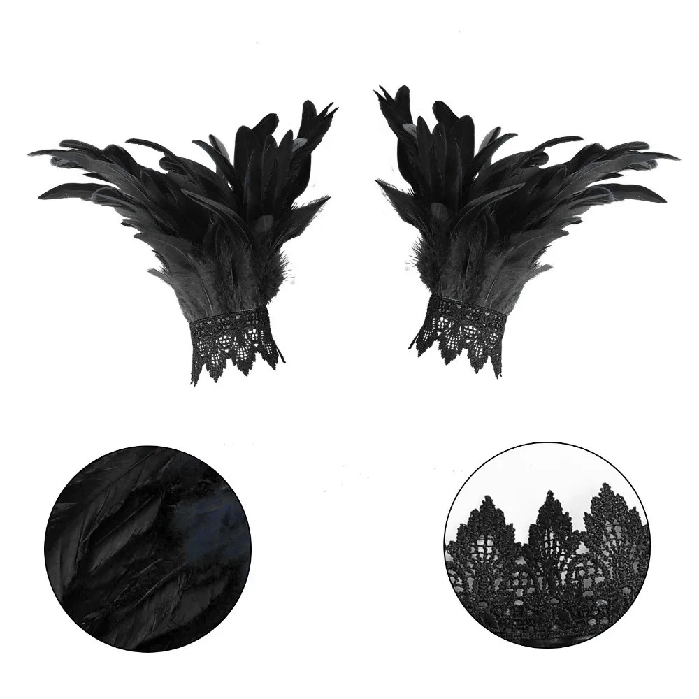 New Black Fluffy Feather Wrist Cuffs Lace Adjustable Plume Bracelet Punk Lightweight Halloween Arm Cuff Gloves Stage Performance