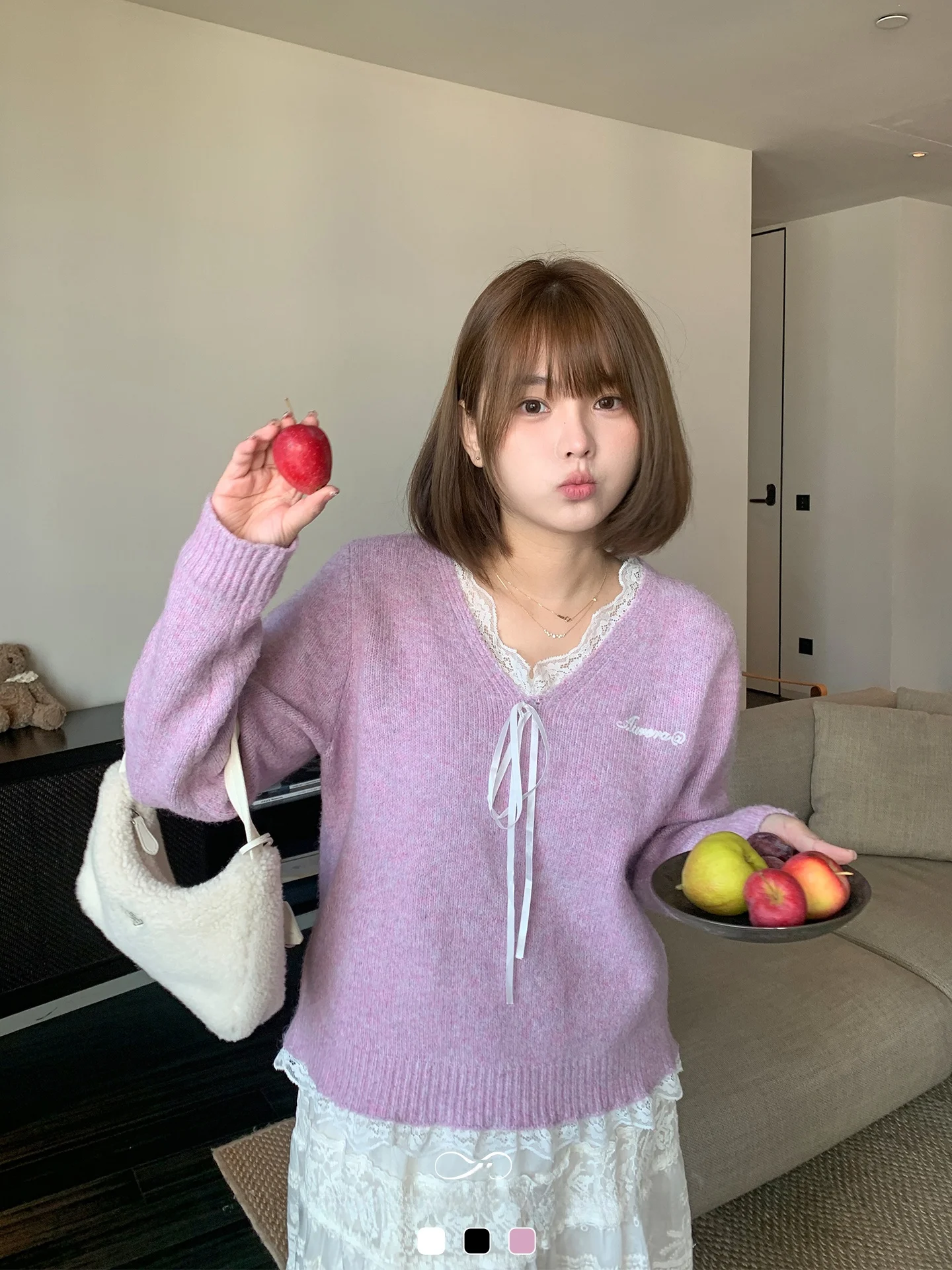 

Женский вязаный свитер большого размера с кружевной отделкой и V-образным вырезом, с поясом, повседневный, свободного кроя, осенний топ для полных женщин