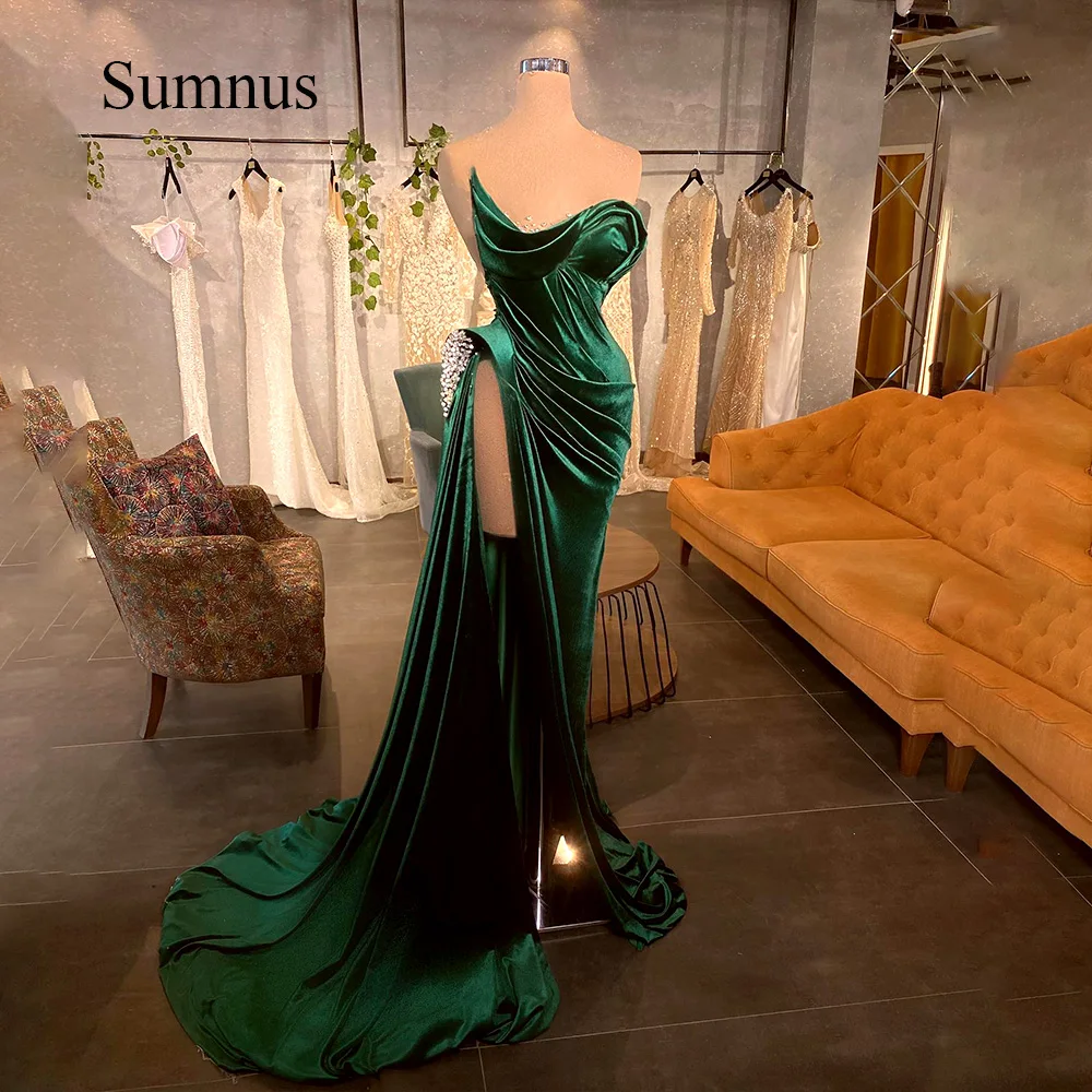 

Sumnus Green Velvet Mermaid Special Occasion Gowns Beads High Split Sexy Pageant Dress Ruched Velour Evening Dresses With Train