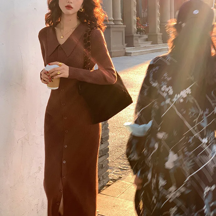 

6882 Autumn Winter New Hong Kong Style Lapel Button Long Cardigan Coat Over-The-Knee Inner Dress For Women