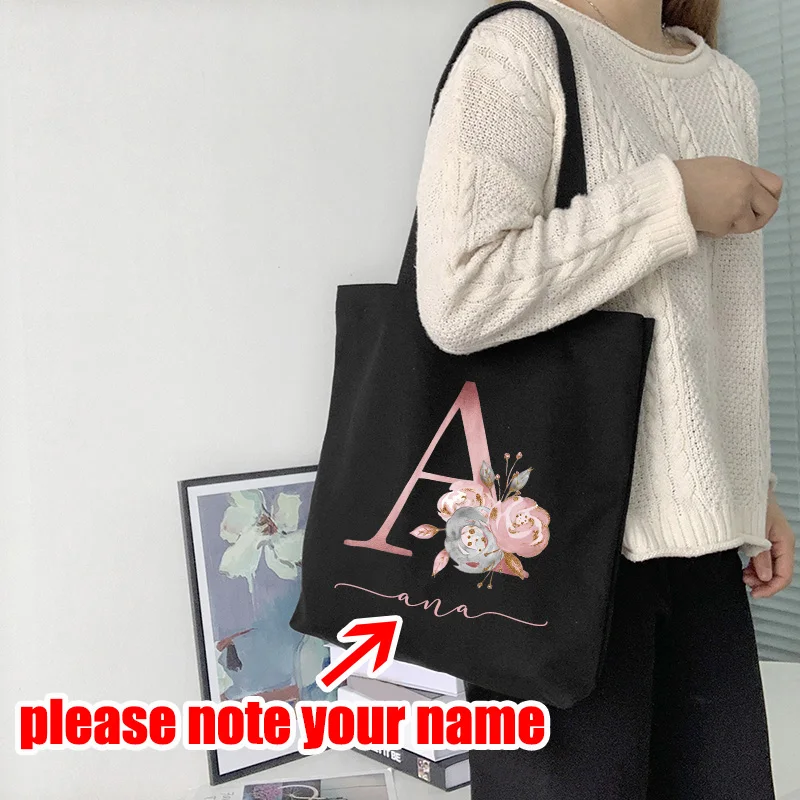 Customize Name Women Canvas Shoulder Bag Pink Flower Letter Handbag Ladies Casual Tote Bag Large Capacity Reusable Shopping Bag