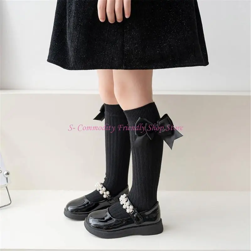 

85AE Girls Knee High School Socks Cotton Socks with Big Ribbons Bow, Back to School Stockings Uniform Party Wear Long Socks