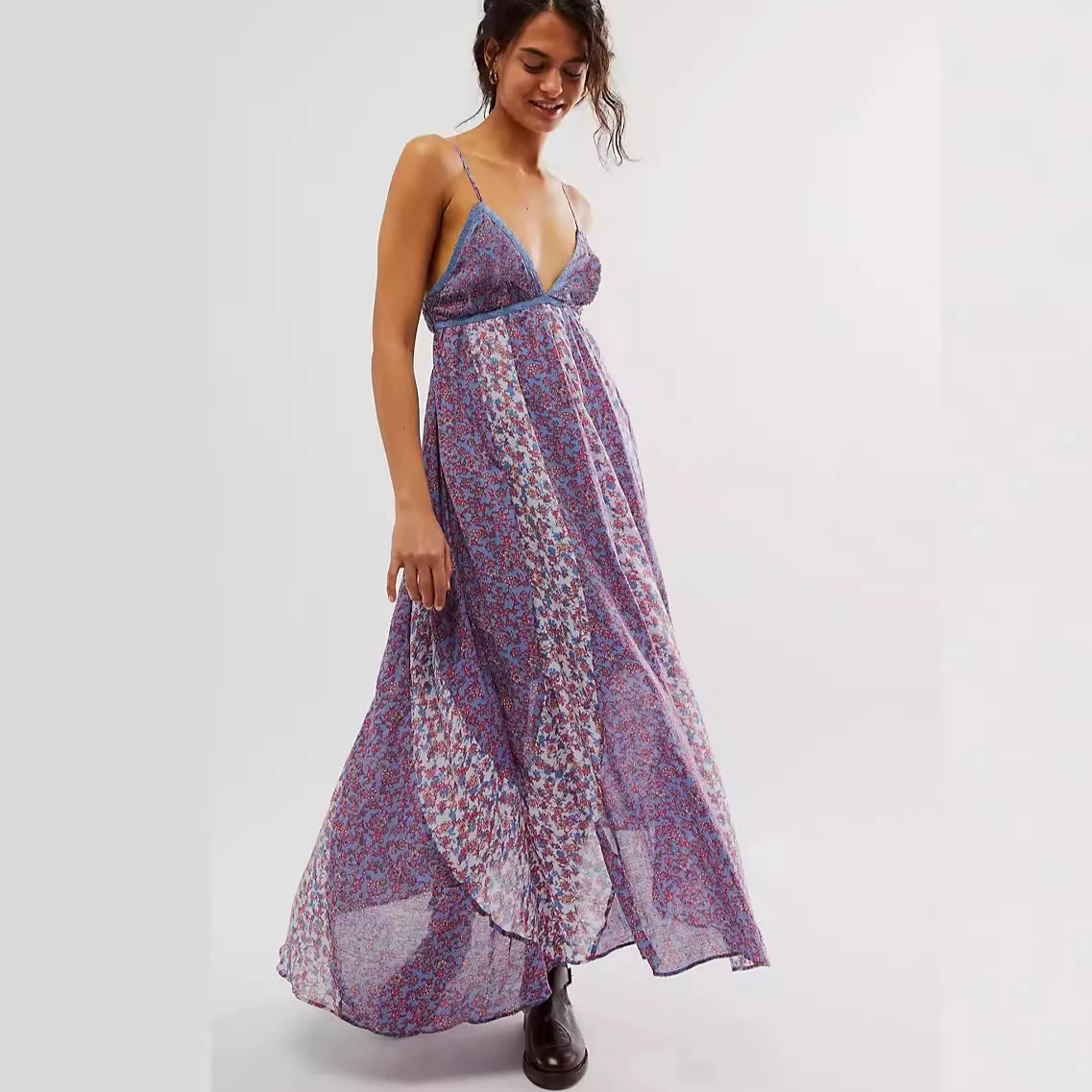 Fine Soft Chiffon Floral Printed Long Strap Dresses Women Boho Beach Wear Summer Sleeveless Backless Deep V Neck Sexy Robe