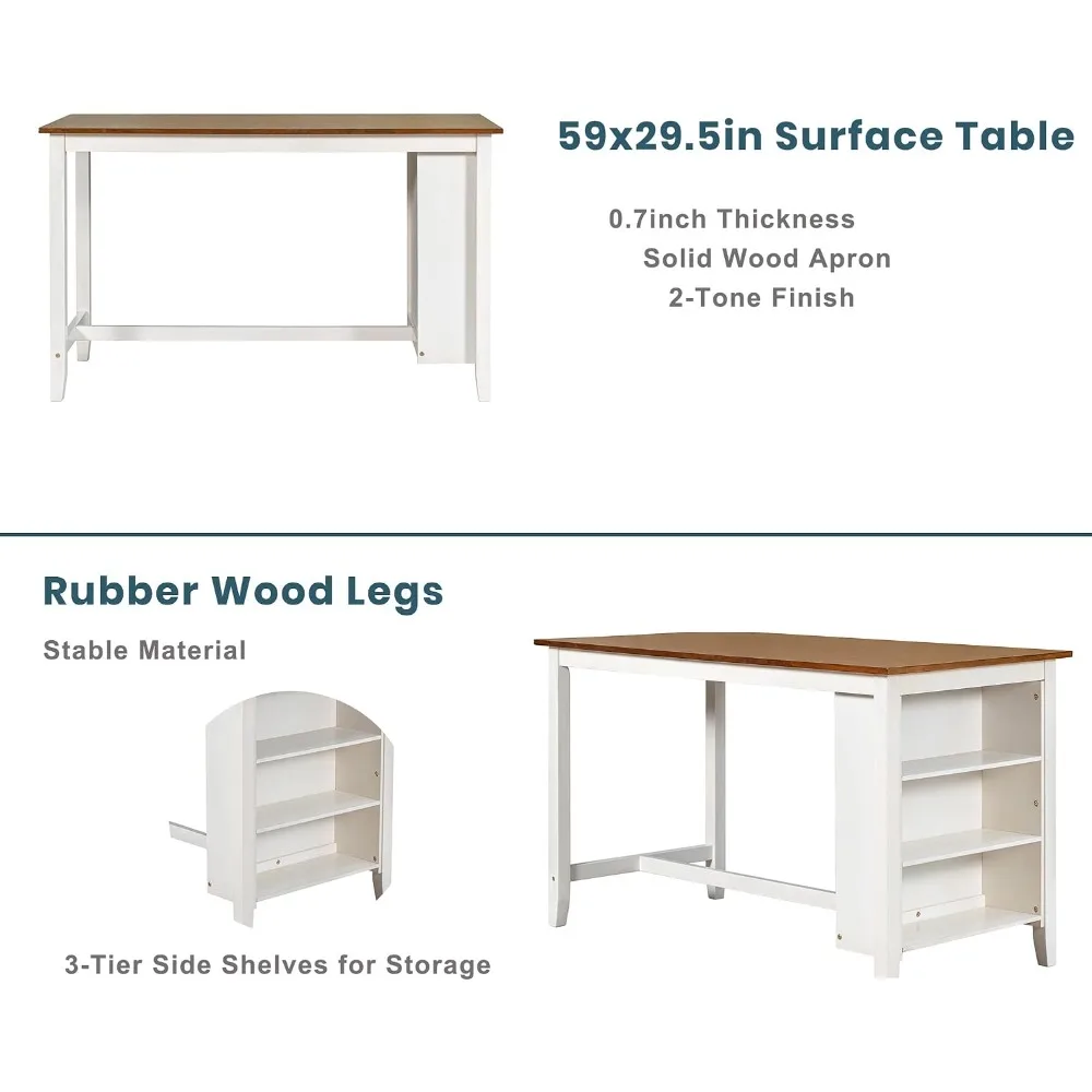 5 Piece Counter Height Wooden Bar Table Set with 3-Tier Shelf and 4 Chairs, White