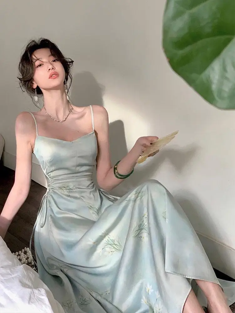 

Gagarich Cool New Chinese Style Camisole Dress Women Summer Temperament Printed Long Fairy Atmosphere Sleeveless Vestidos