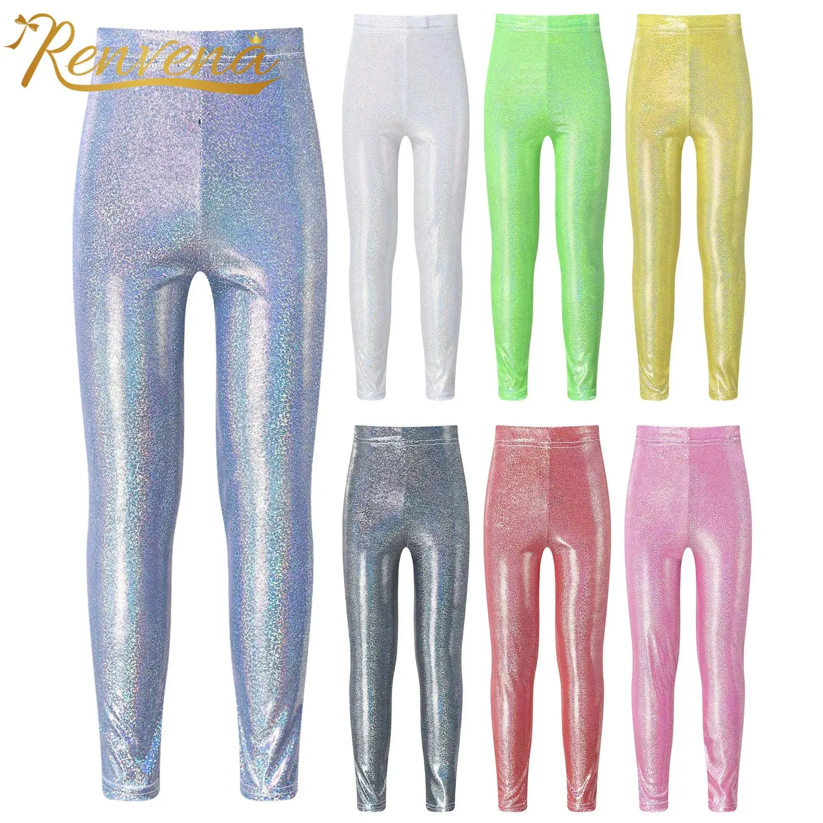 

Fashion Kids Girls Metallic Leggings Elastic Waistband Skinny Pants Dancewear Children Trousers Legging for Dance Party Costume