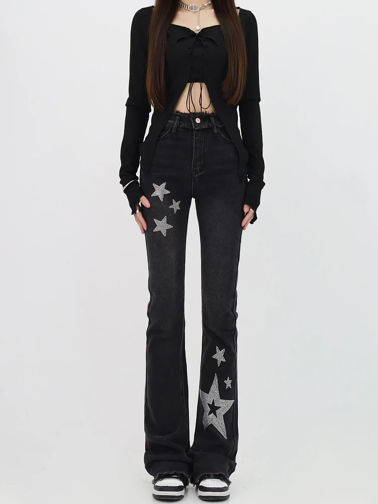 

Women's Black Gothic Flare Jeans Baggy Aesthetic Vintage Cowboy Pants Harajuku Denim Trousers Y2k Emo 2000s Trashy Clothes 2024