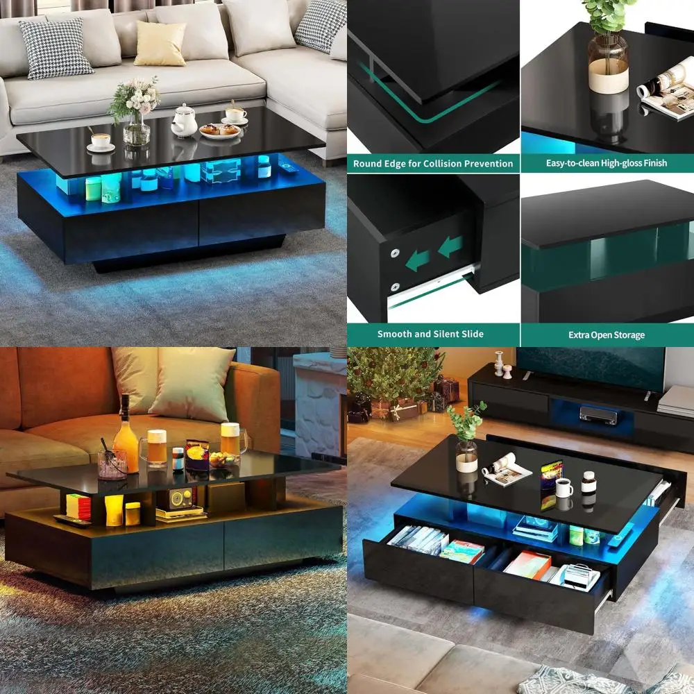 

Modern Black LED Coffee Table with Storage, High Gloss Rectangular Living Room Table, Display Shelf & 4 Drawers