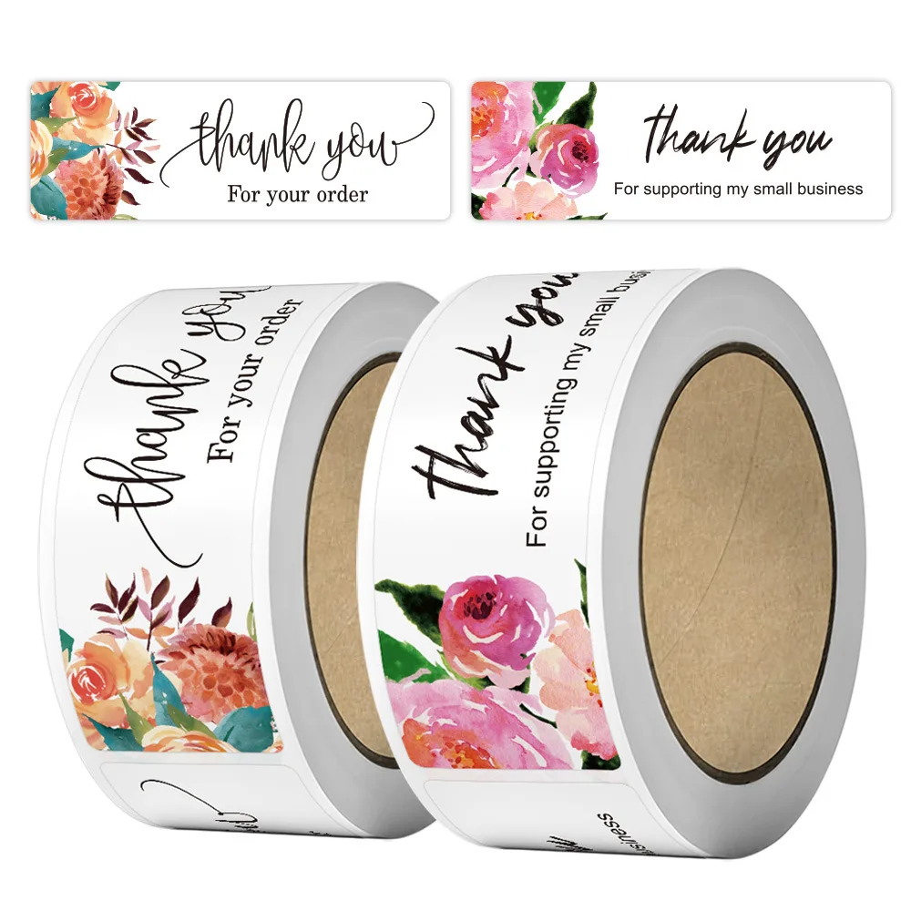 120Pcs/roll Flower Thank You Stickers for Small Business-1x3 Inch Pink Sealing Labels for Packaging, Delivery, Decoration, Gifts