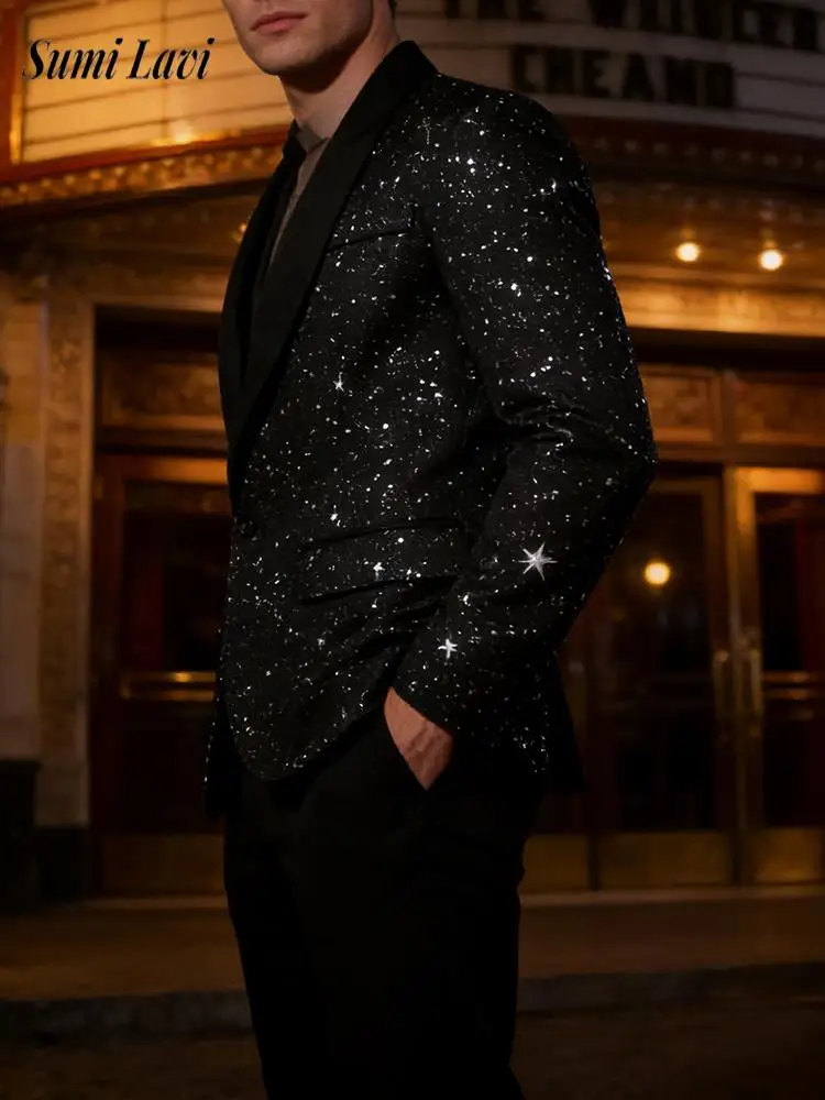 

Party Fashion Glitter Jacket Coat Men Spring Casual Slim Turn-down Collar Suit Jackets Mens Vintage Shiny Sequin Blazer Coats