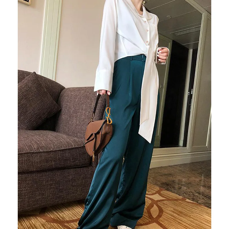 Women\'s Silk Wide-leg Trousers with High Waist Satin Long Summer Pants Women Peacock Green Silk Pants Heavy Silk Trousers