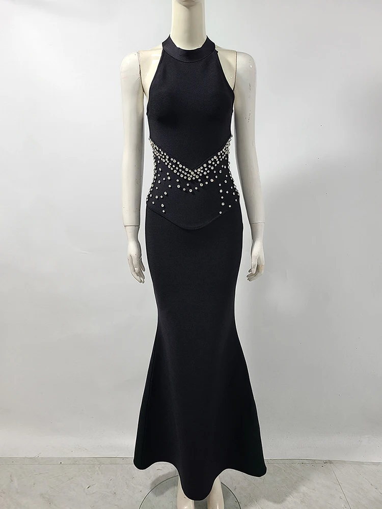 Sexy Halter Neck Diamonds Bandage Long Dress Women Black Sleeveless Crystal Beaded Bodycon Dresses Evening Party Gowns