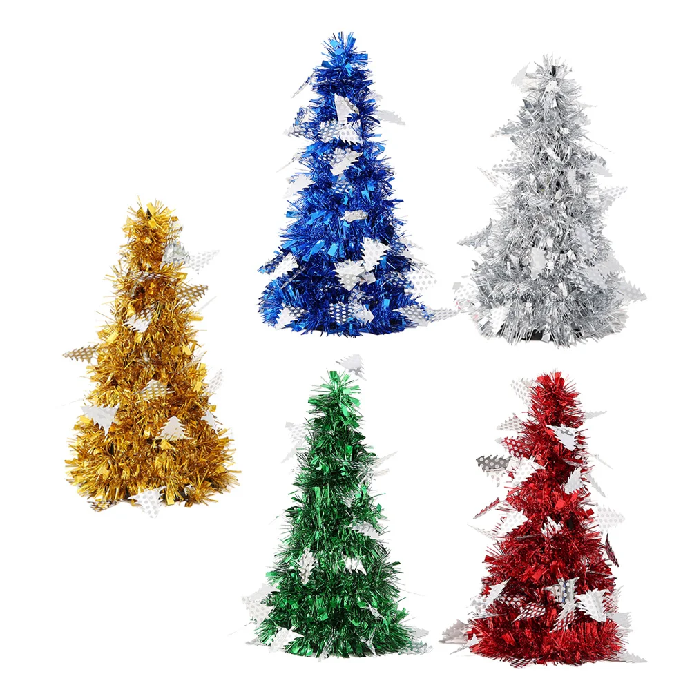 

5Pcs Mini Simulative Christmas Tree Shinny Metal Decoration DIY Desktop Xmas Ornament for Living Room Bedroom Holiday Party