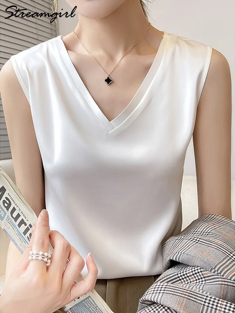 Silk Blouse Women Sleeveless Satin 2022 Summer Basic V Neck White Blouses Sleeveless Silk Summer Clothes For Women Blouses Black