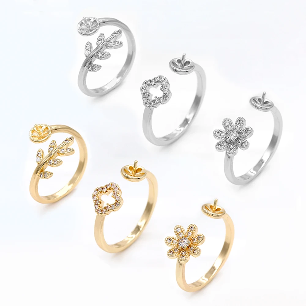 

3 шт. латунное позолоченное кольцо с цветком ромашки CZ для женщин, регулируемая фитинги для колец, аксессуары для изготовления жемчужных украшений своими руками