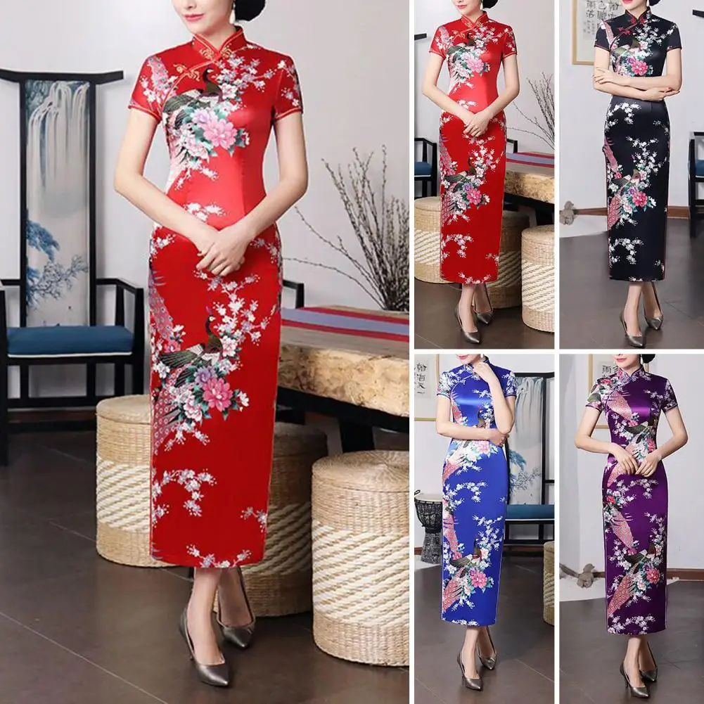 Gaun Cheongsam Cina gaya nasional cetak bunga kerah berdiri gaun Cheongsam dengan belahan sisi tinggi Cina untuk musim panas