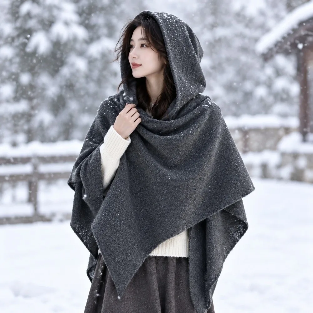 Wool Blend Hooded Triangle Scarf Cozy Texture Thick Knit Women Shawl Warmer Lightweight Feel Durable Solid Neck Collar Outdoor