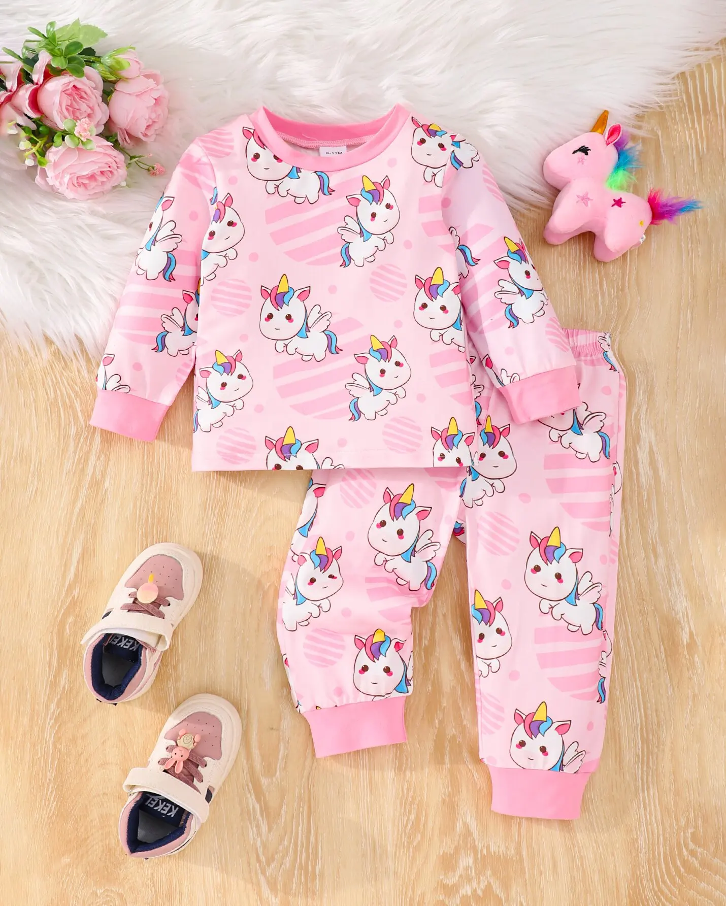 2-Piece Autumn Baby Girl Cartoon Comfortable Simple Cute Long Sleeve Trousers Loose Pajamas Set Unicorn Full Print Pattern