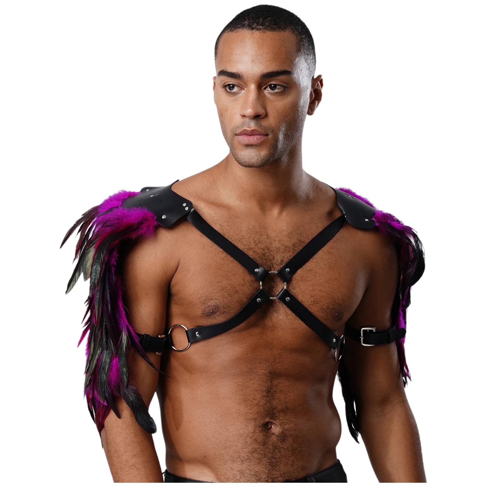 Mannen Middeleeuwse Gothic Punk Veer Schouder Armor PU Lederen Klinknagels O-ring Gekoppelde Bandjes Borstharnas Halloween Cosplay Accessoire