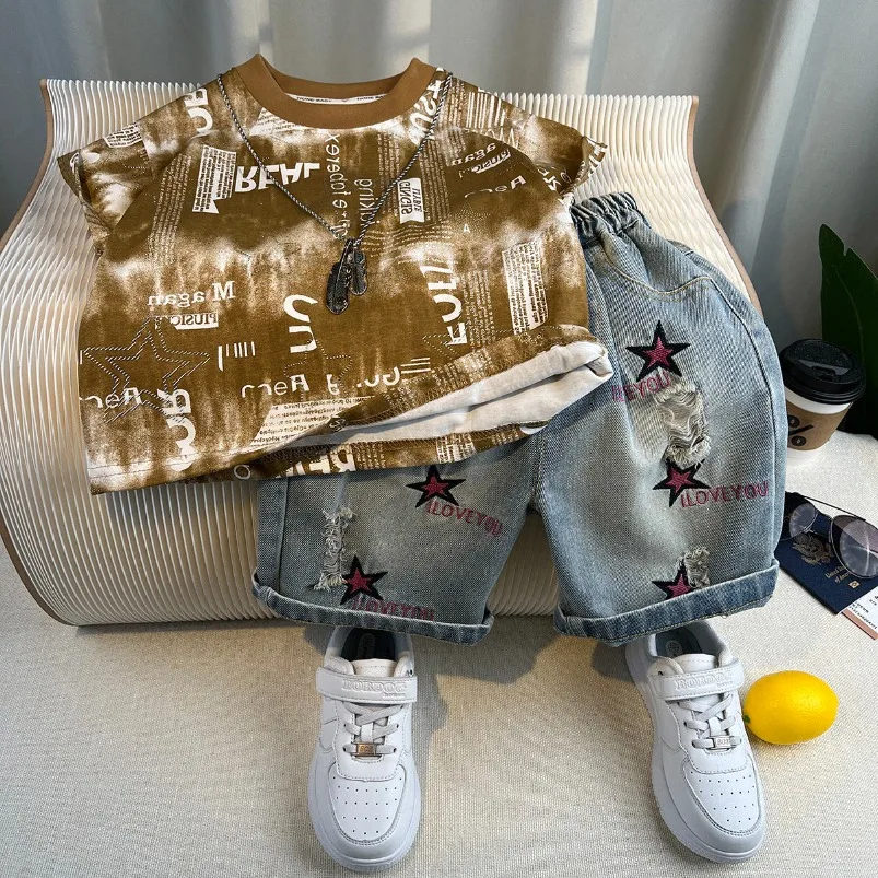 

Baby Fashion Print Clothing Sets Casual Hip-hop Stripe Colorful Korean Handsome Summer T-Shirt + Denim Shorts 2pcs Suit