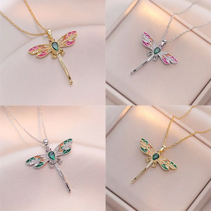 Light Luxury Zircon Colorful Dragonfly Pendant Necklace Stainless Steel Fashion Insect Choker Jewelry Gifts For Women Girls