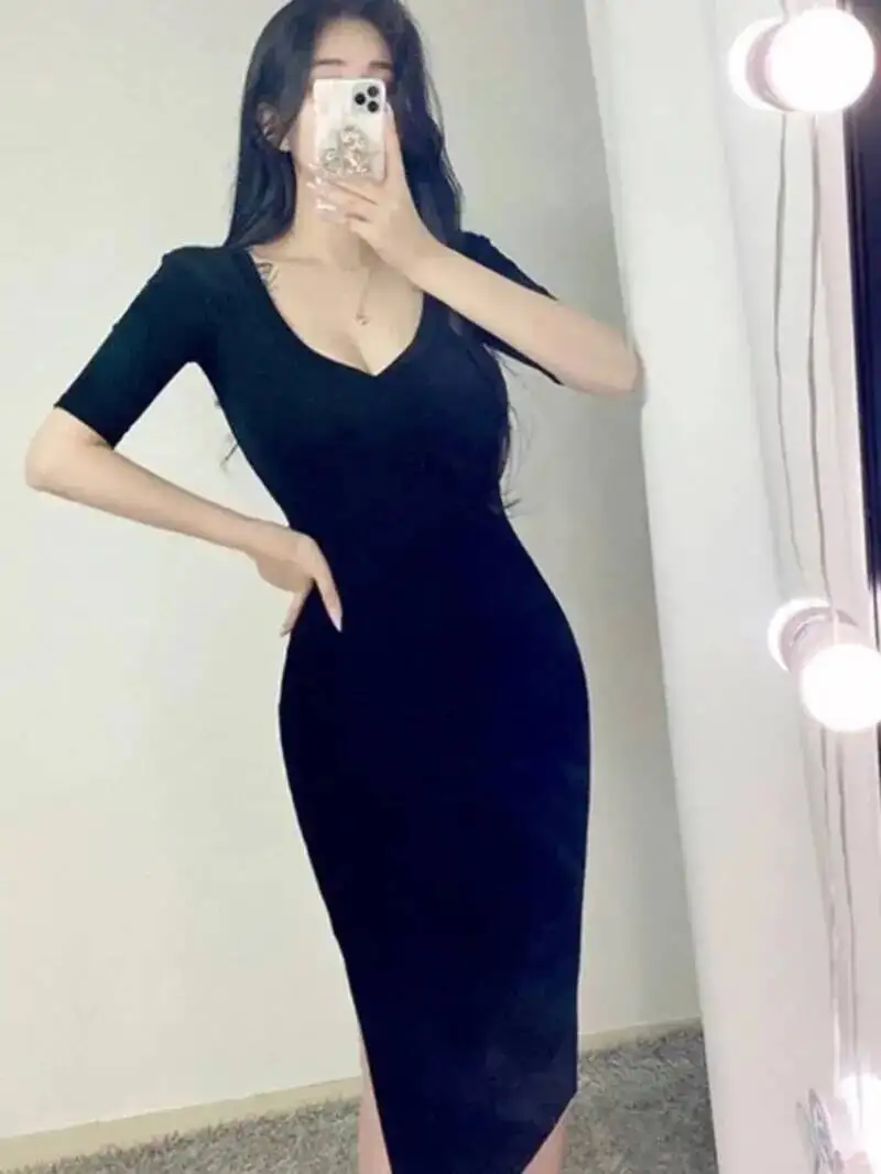 Spring/summer Korean Version New V-neck Short Sleeve Dress Women Cinching Waist Wrap Hip Slit Solid Slim Long Dress 4DHY