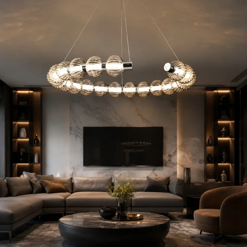 Modern Textured Glass Link Pendant Light Flexible Assembled Circular Hanging Chandelier Ceiling Lamp Living Room  Decor