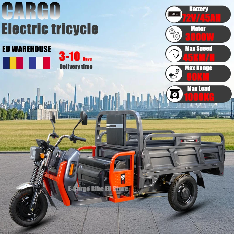 Electric Cargo Tricycle 3000W 72V45AH Adults Electric Trike Tuk Tuk 3-Wheel Mobility Scooter With Loading Car Hopper Moped Truck