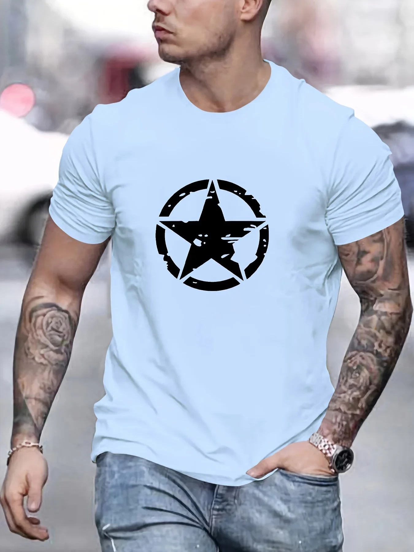 

Summer men's comfortable casual loose oversized star logo graphic printed sports round neck short sleeved T-shirt