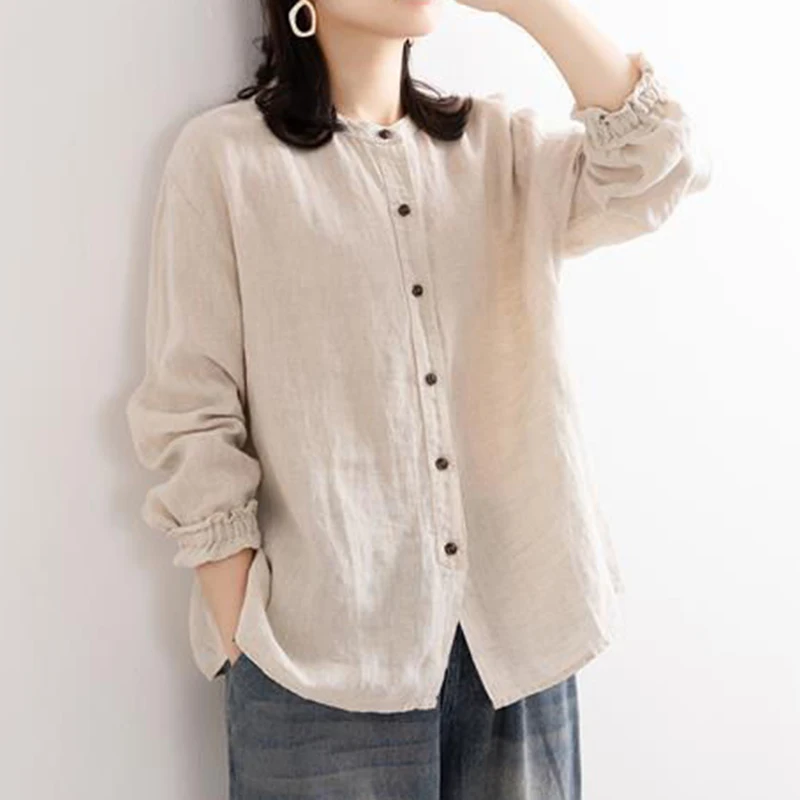 Spring Autumn Ethnic Style Vintage Cotton Linen Casual Shirt Women O-neck Loose Fashion Buttons Blouse Female Long Sleeve Blusa