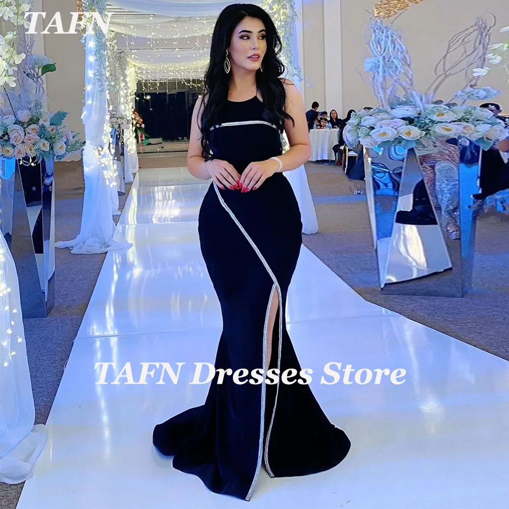 

TAFN Formal Evening Dresses for Women Mermaid Black Halter Side High Slit Prom Sweep Train Party Gown vestidos de fiesta