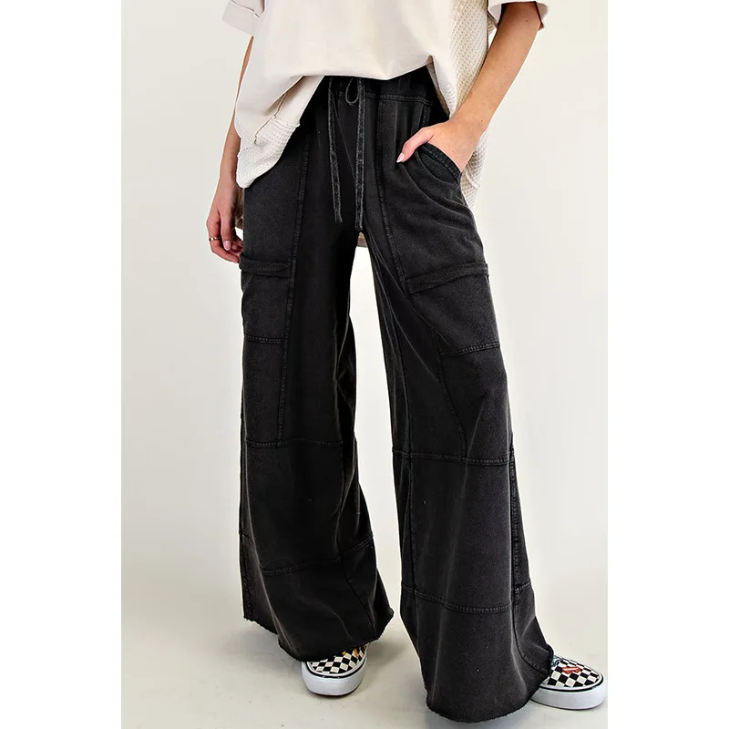 

2025 Summer Autumn Solid Patchwork Hipster Street Wide Leg Pants High Waist Drawstring Pockets Loose Casual Versatile Trousers