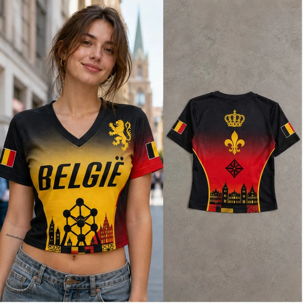 Womens V Neck Cropped Tee Belgium Skyline Crest Graphic Short Sleeve Summer Casual Top With Crown Back Design Daily Outfit Style