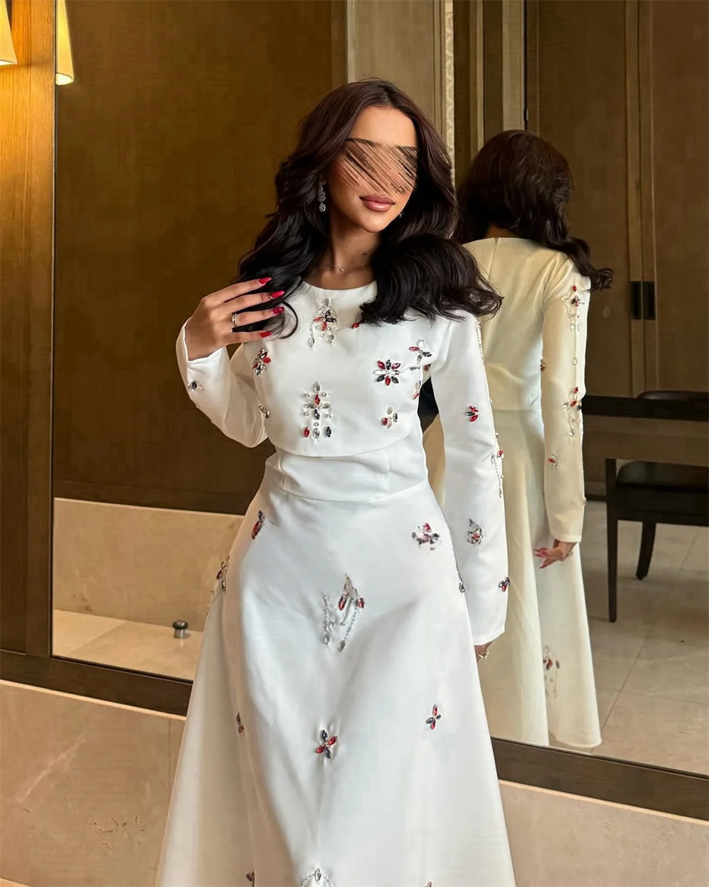 Formal Dress Prom Saudi Arabia Jewel A-line Tea Length Skirts Embroidery Bespoke Occasion Dresses Dearin Ye Evening Gown