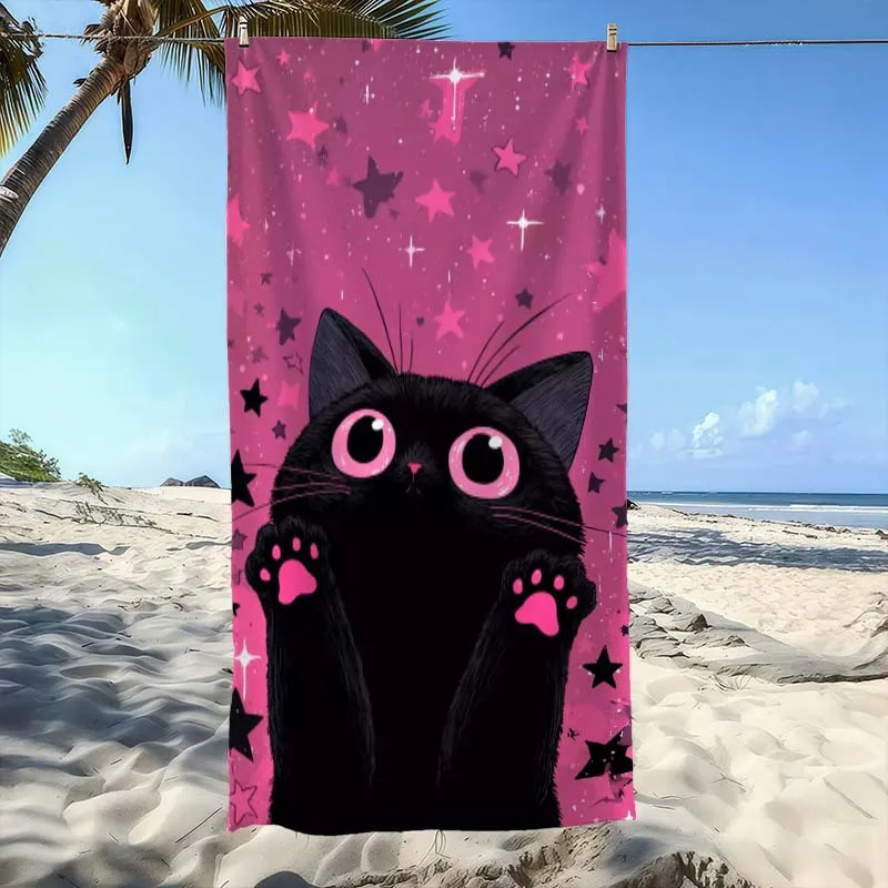 Little Black Cat Says Hello Pattern Beach Towel, Super Absorbent Beach Towel, Trendy for 2026 New Year,Comfortable and Practical