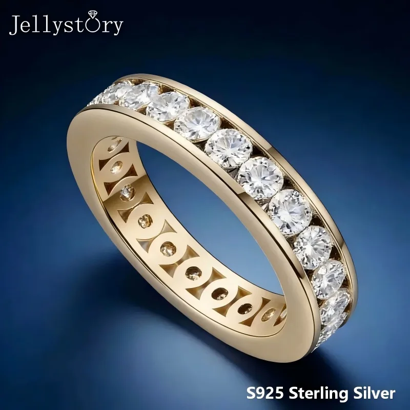 JellyStory Simple Line Ring Valentines Day Design Gift S925 Silver Full Inlaid Moissanite Sparkling Single Row Jewelry for Her