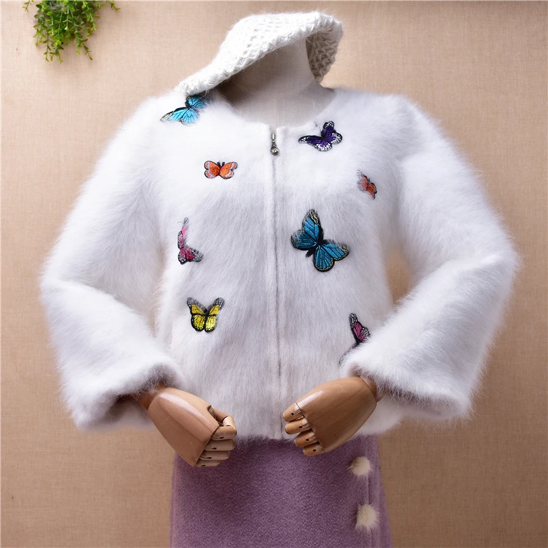 ladies women fashion butterfly mink cashmere knitted short style zipper loose cardigan angora fur winter jacket coat sweater top