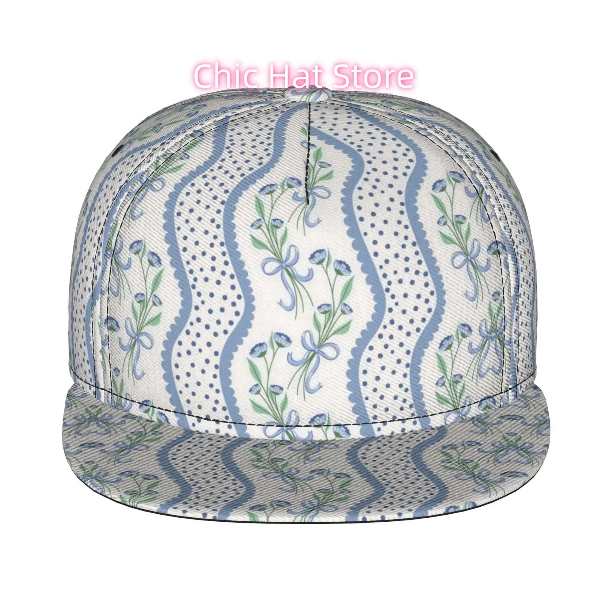 1pc Blue Floral Bow Stripe Pattern Fully Printed Hip-hop Caps, Baseball Caps, Stylish Flat-brimmed Baseball Caps, Golf Capssport