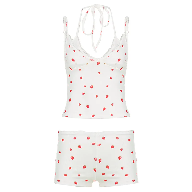 Fashionable Strawberry Printed Knitted Lace Home Clothes Fake Two Piece Hanging Neck Shorts Two Piece Set